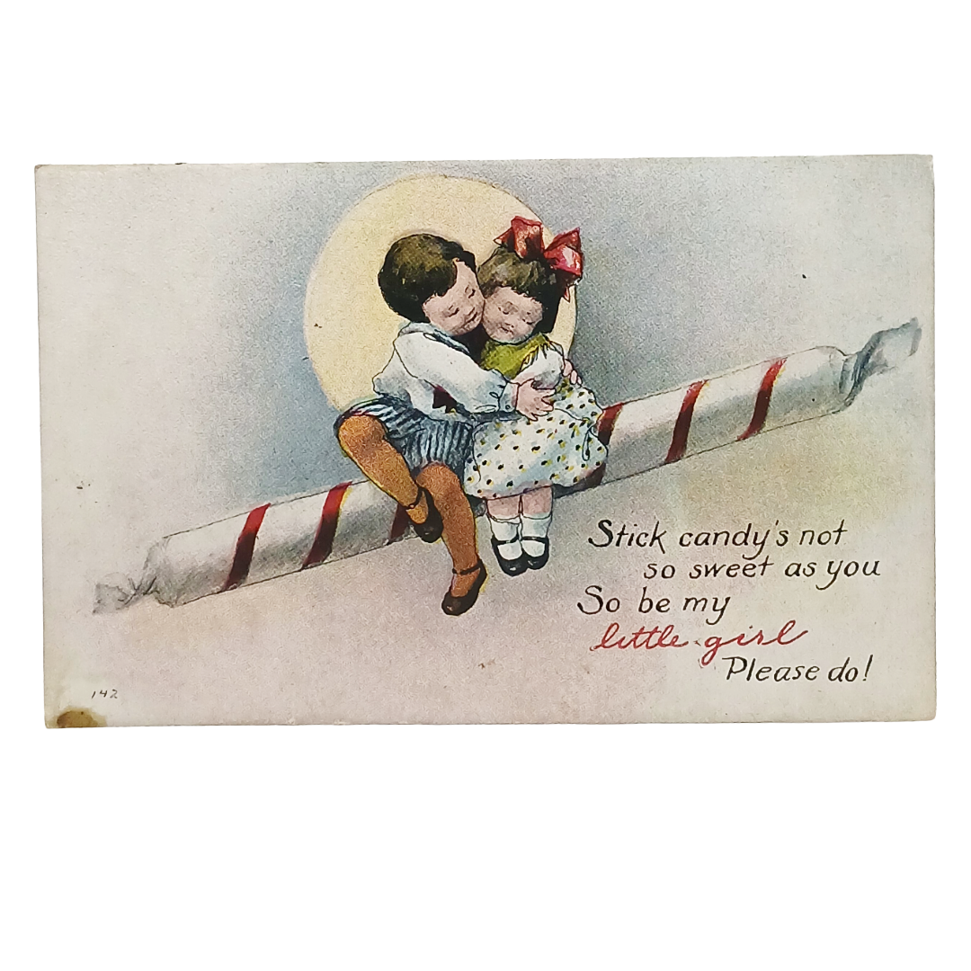 Vintage Valentine Postcard Children Hugging on Stick of Candy in Moonlit Night
