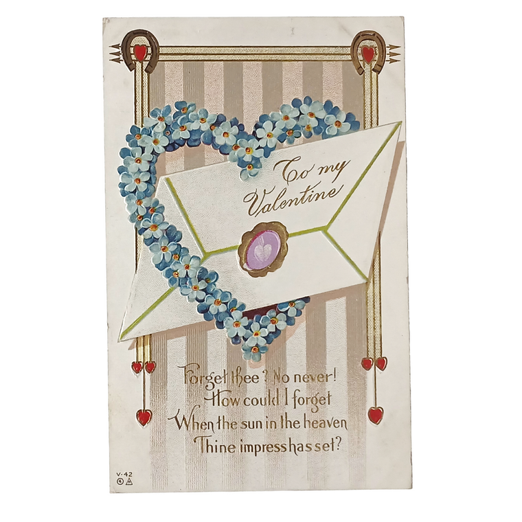 Valentine Postcard Hearts & Flowers Envelope with Gold Highlights