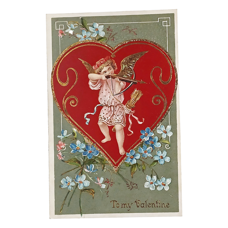 Valentine Postcard Art Nouveau Period Cupid Shooting His Bow Gold Embossed