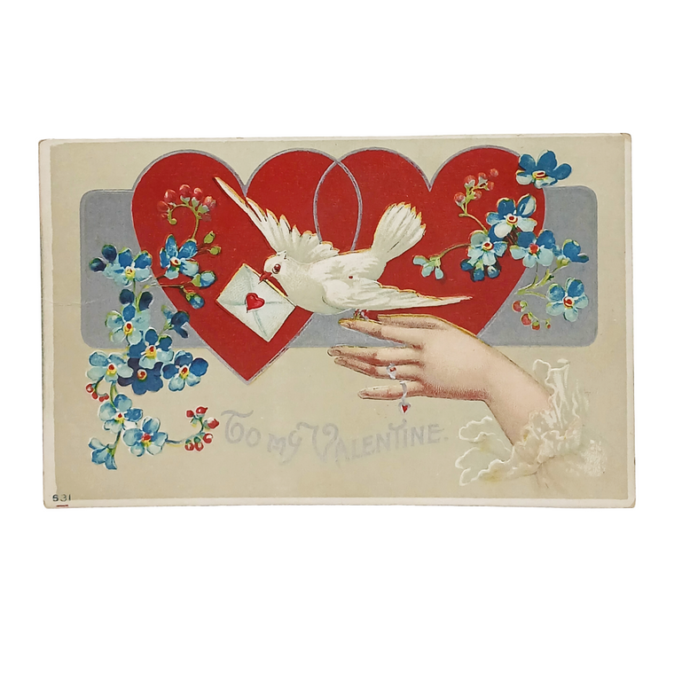Valentine Postcard Edwardian Period Dove Hearts & Flowers with Woman's Hand Series 631