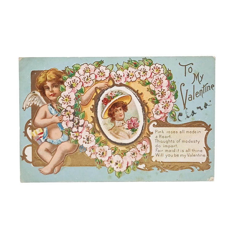Vintage Valentine Postcard Cherub Pink Flowers Edwardian Portrait of Woman Series No 1