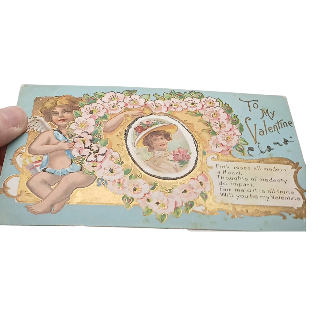 Vintage Valentine Postcard Cherub Pink Flowers Edwardian Portrait of Woman Series No 1