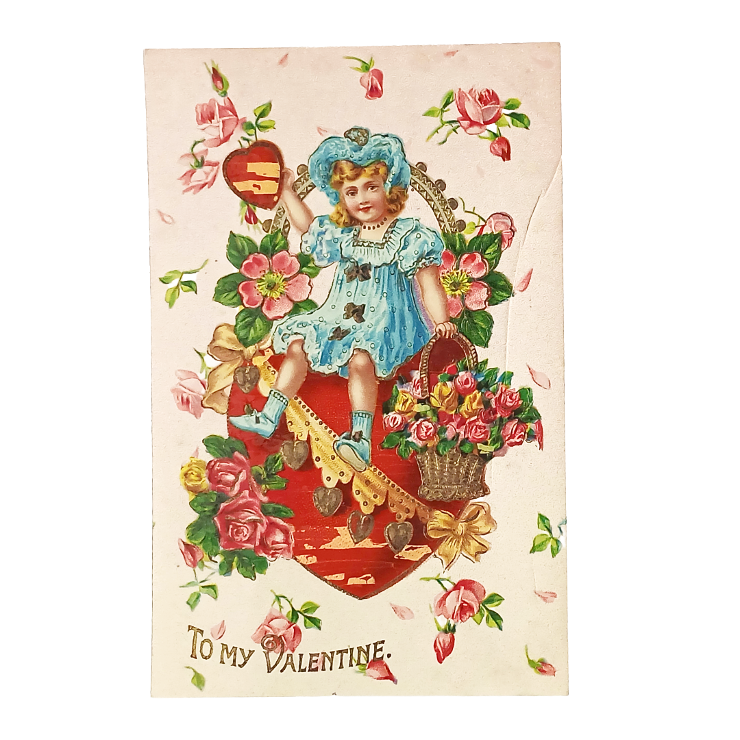 Valentine Postcard Art Nouveau Period Girl on Heart with Flowers Gold Gel Series 15906