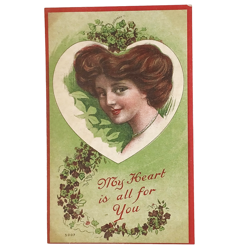 Vintage Valentine Postcard Portrait of Woman Green Red Background 5007