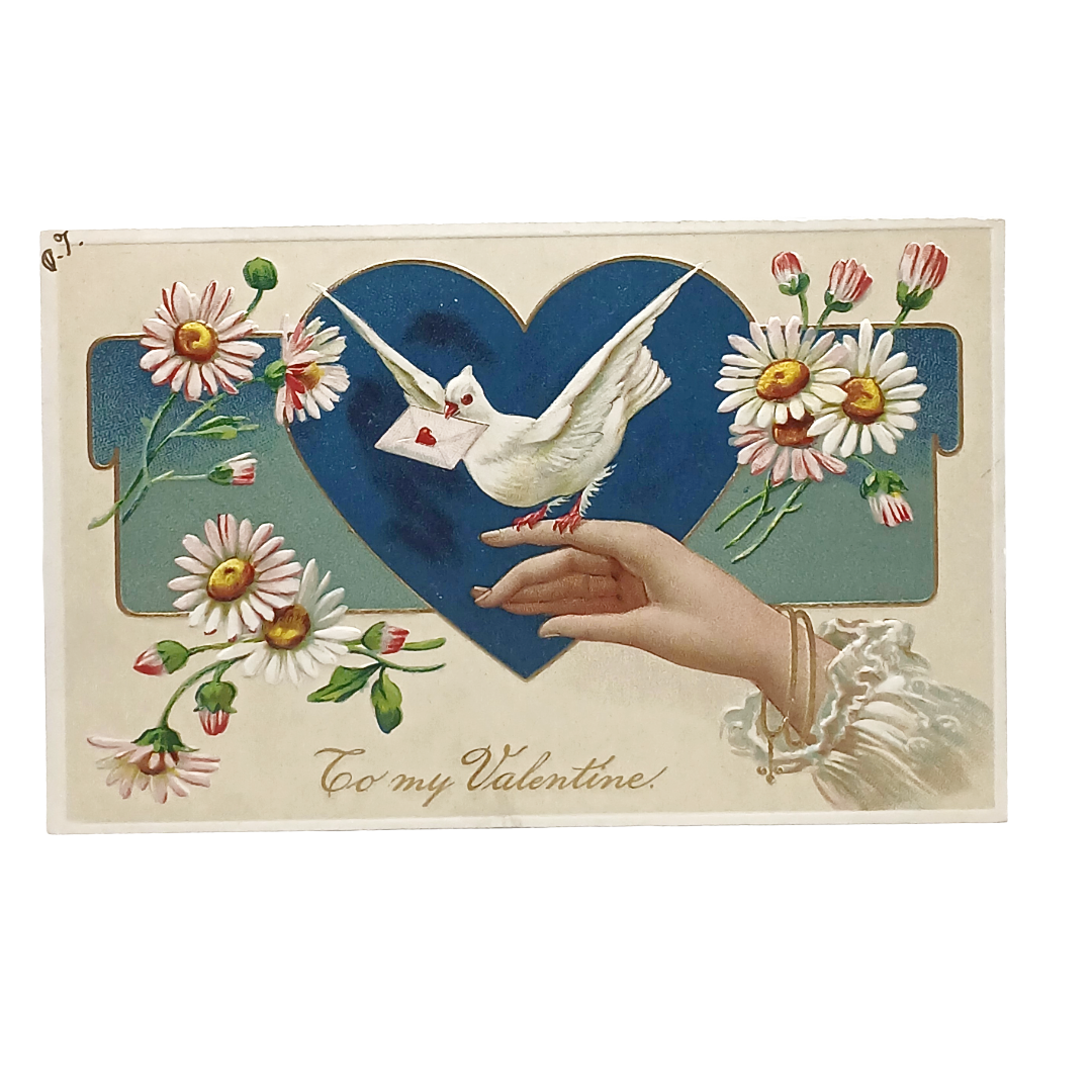 Valentine Postcard Edwardian Period Dove Hearts & Flowers with Woman's Hand Series 7092