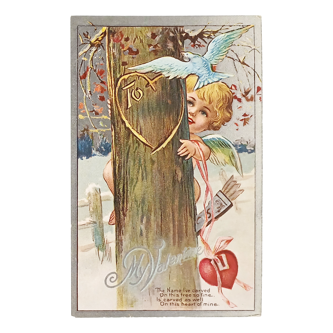 Vintage Valentine Postcard Cupid Behind Tree with Bluebird Silver Embossed