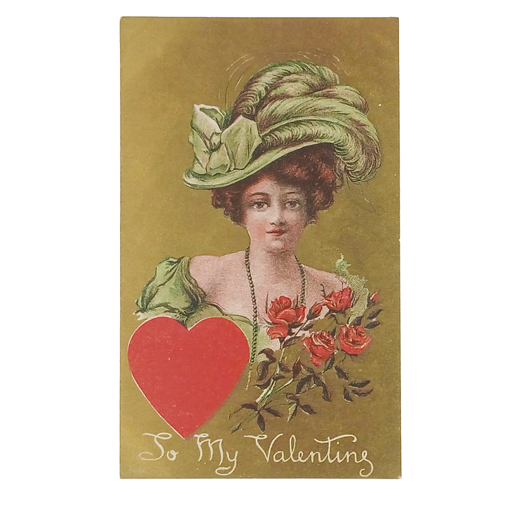 Vintage Valentine Postcard Portrait of Edwardian Woman in Green Gold Background