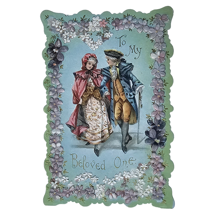 Antique German Die Cut Embossed Valentine's Card Romantic Couple w/ Flowers