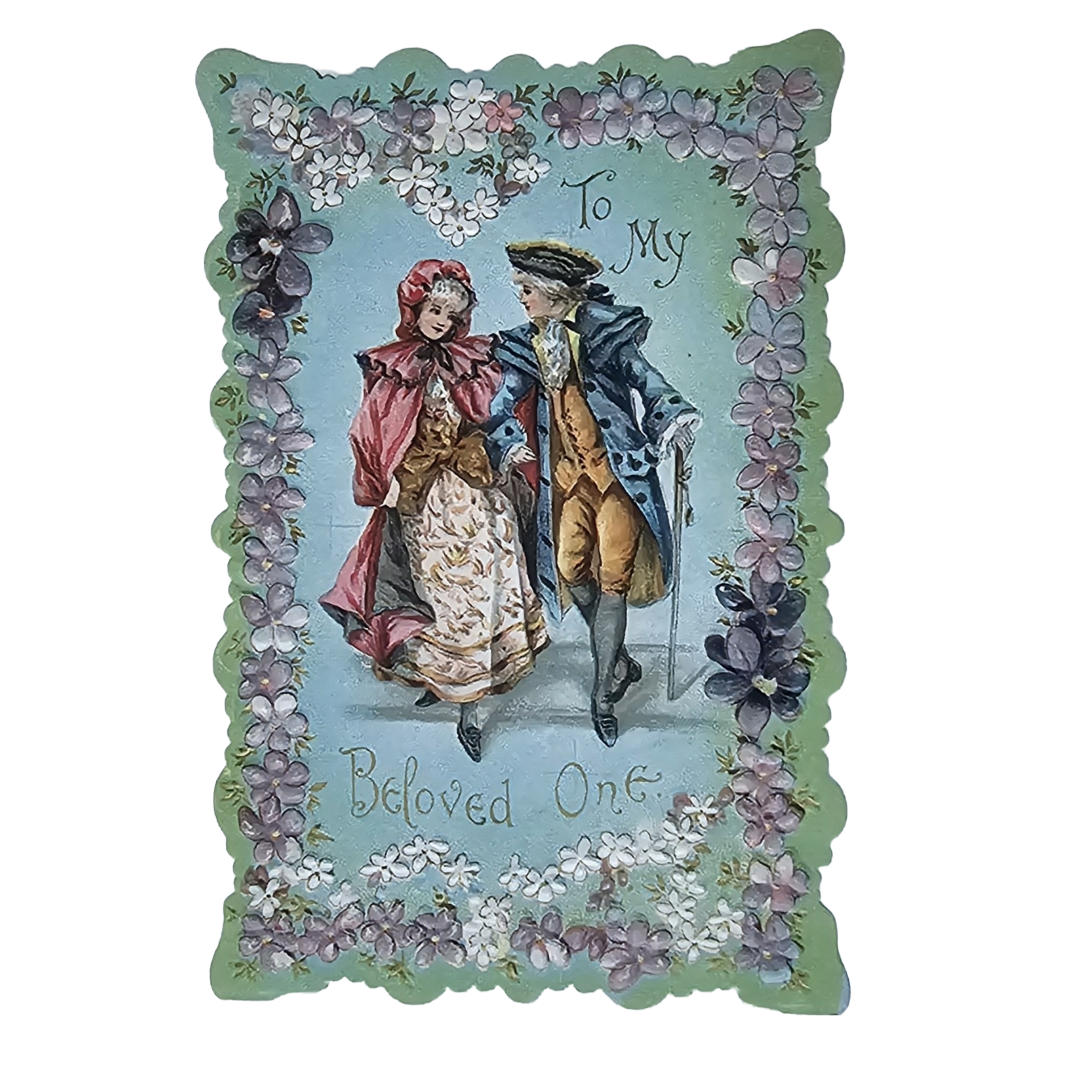 Antique German Die Cut Embossed Valentine's Card Romantic Couple w/ Flowers