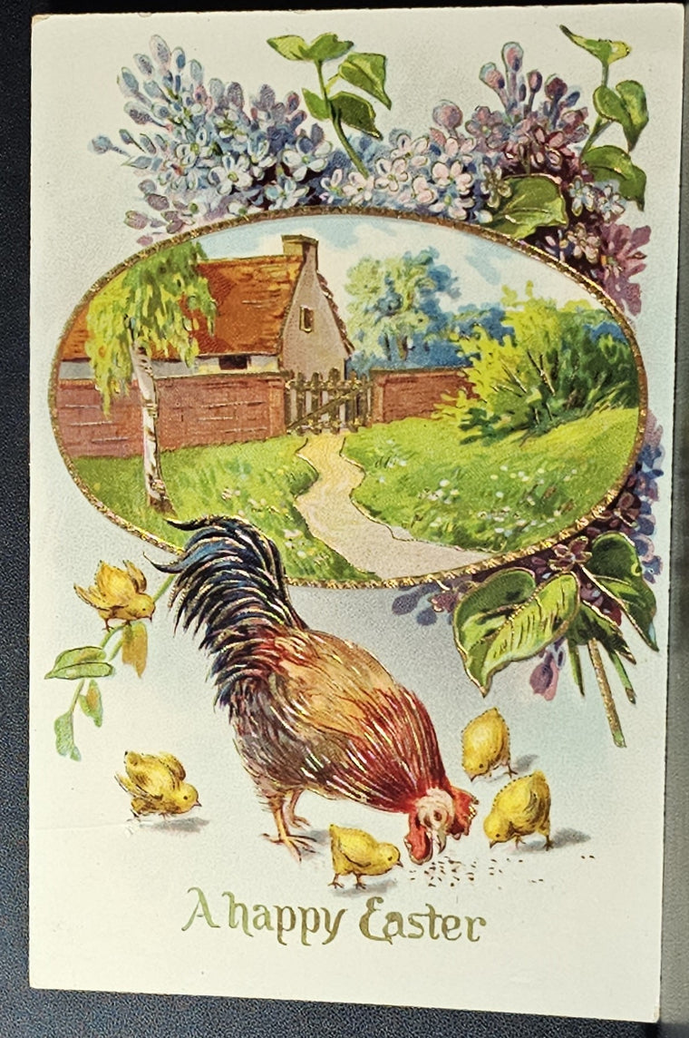 Easter Postcard Rooster with Baby Chicks in Yard with Barnyard Farmhouse Gold Highlights