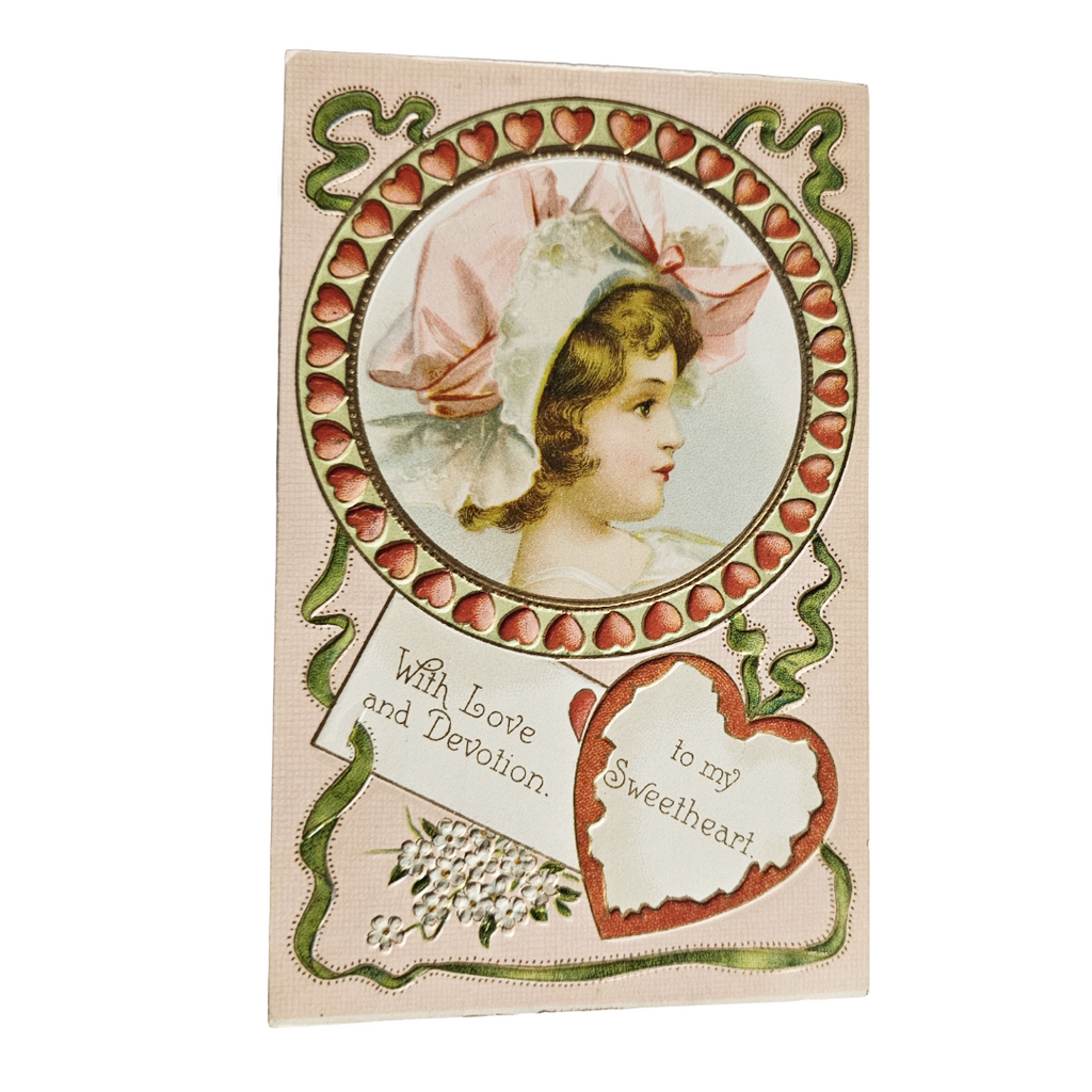 Vintage Valentine Postcard Girl in Mini Hearts Border w/Pink Background
