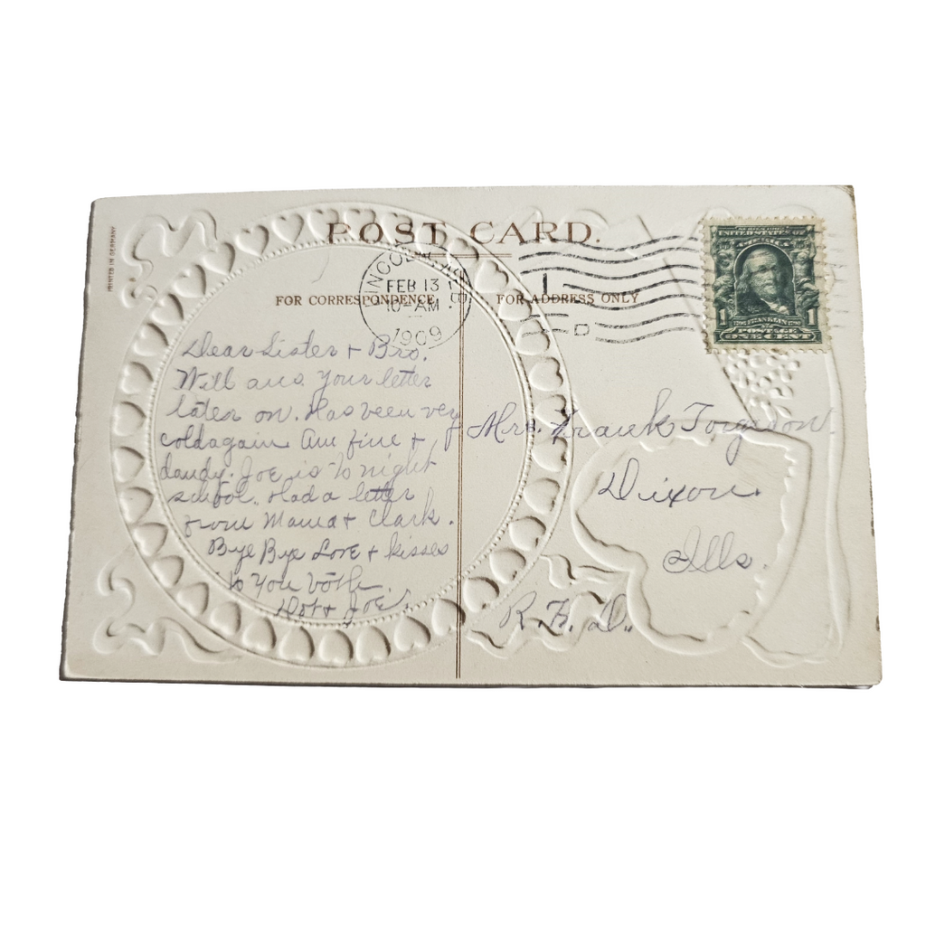 Vintage Valentine Postcard Girl in Mini Hearts Border w/Pink Background