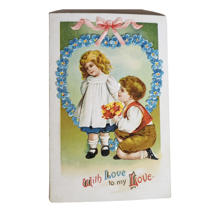 Vintage Valentine Postcard Couple in Blue Heart Border w/Pink Ribbon