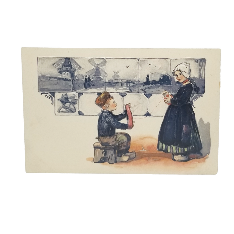 Dutch Children Winding String Windmills in Back Delft Blue PFB Series 3939