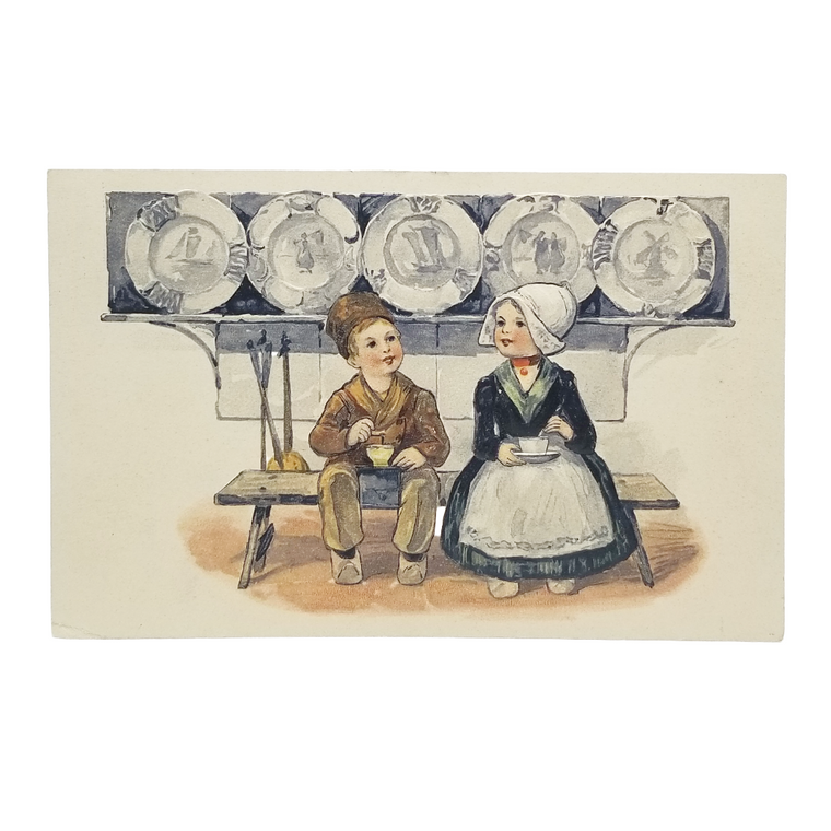 Dutch Children in Kitchen with Plate Rack Delft Blue PFB Series 3939