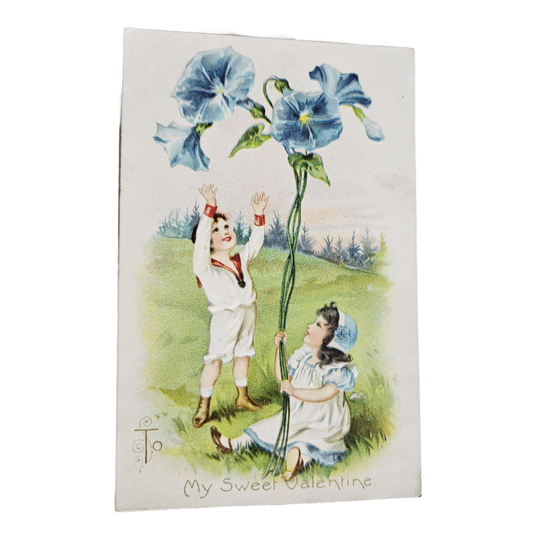 Vintage Valentine Postcard Couple in Blue Heart Border w/Pink Ribbon (Copy)