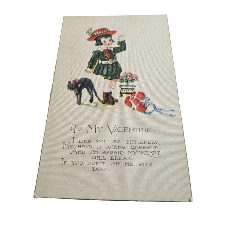 Vintage Antique Valentine Postcard Child w/ Cat and Heart Silk Front