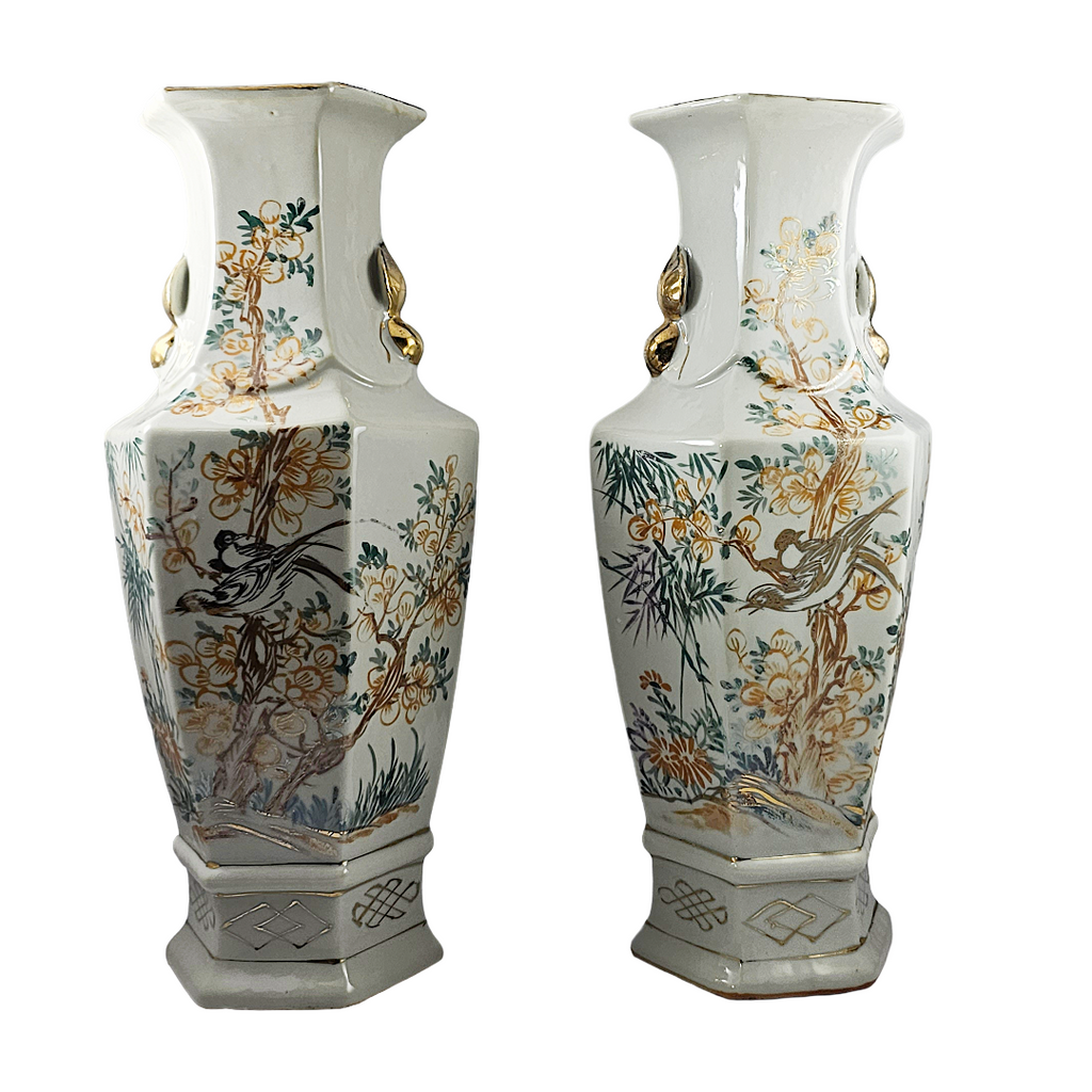 Vintage Chinese Hexagonal Porcelain Vases | Pair of Chinoiserie Bird & Blossom Baluster Vase x2