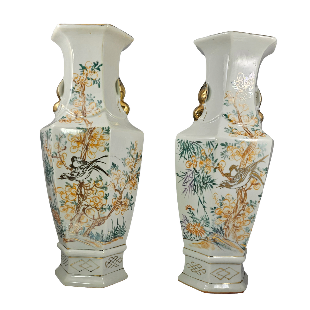 Vintage Chinese Hexagonal Porcelain Vases | Pair of Chinoiserie Bird & Blossom Baluster Vase x2