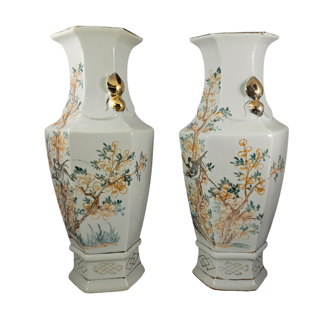Vintage Chinese Hexagonal Porcelain Vases | Pair of Chinoiserie Bird & Blossom Baluster Vase x2