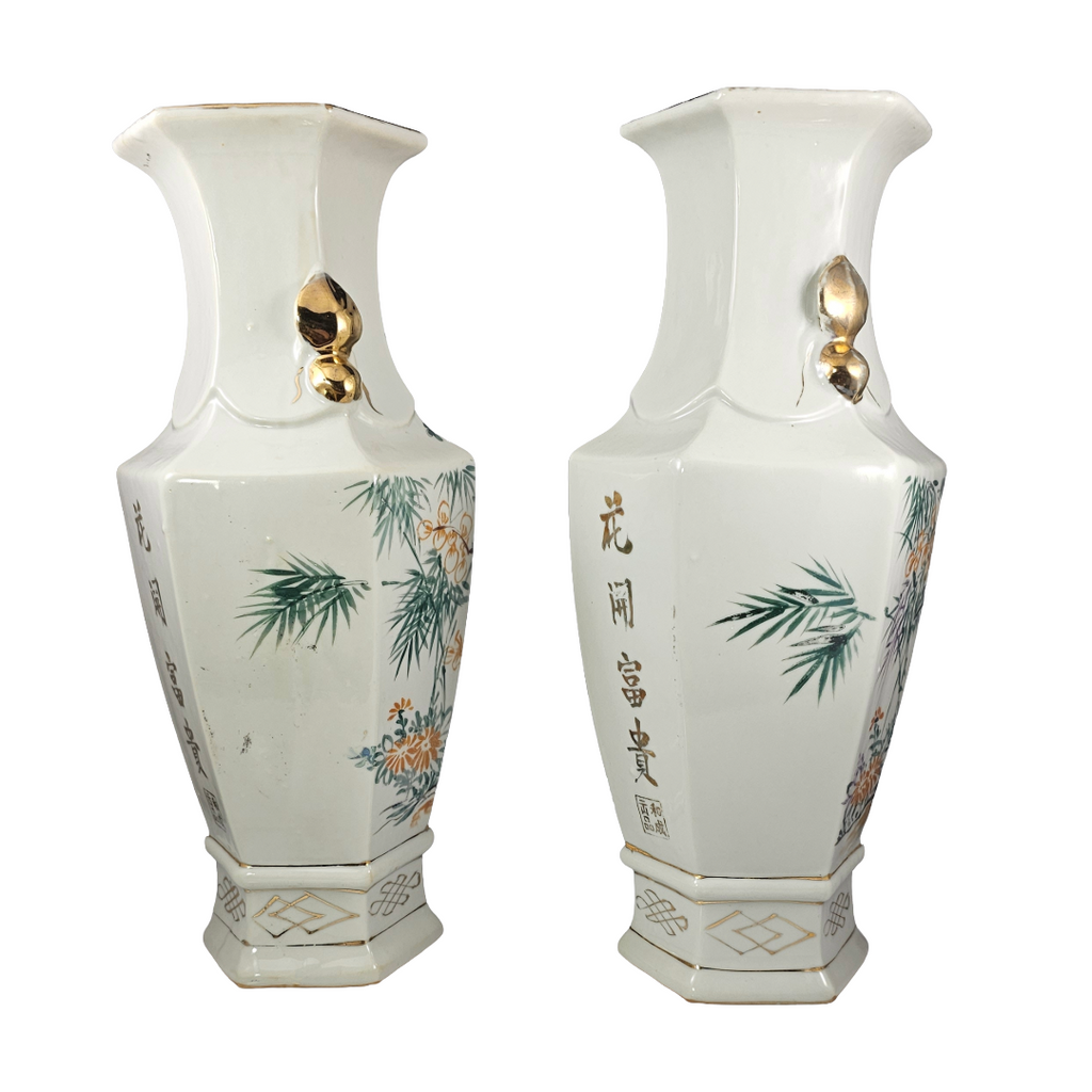 Vintage Chinese Hexagonal Porcelain Vases | Pair of Chinoiserie Bird & Blossom Baluster Vase x2
