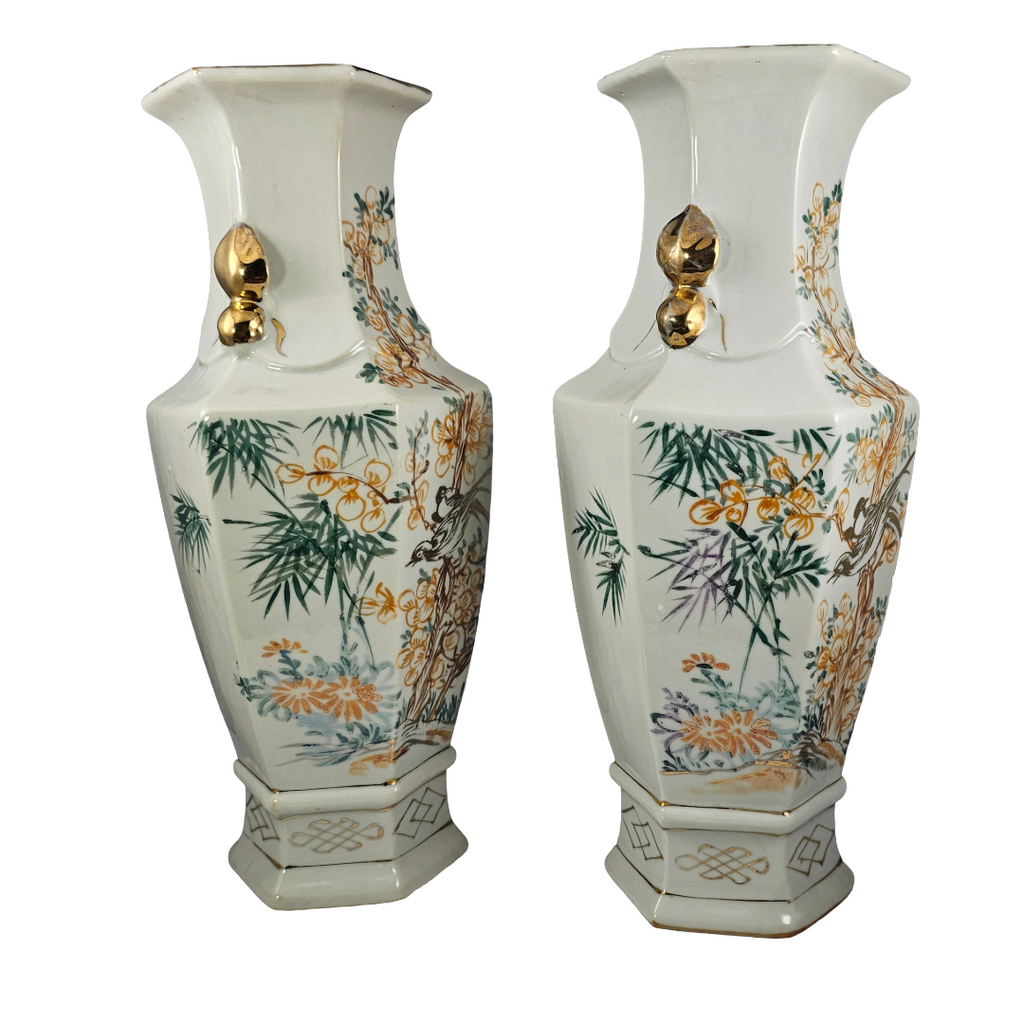 Vintage Chinese Hexagonal Porcelain Vases | Pair of Chinoiserie Bird & Blossom Baluster Vase x2