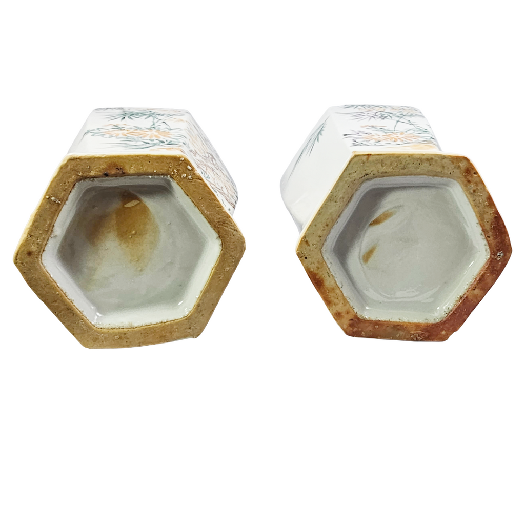 Vintage Chinese Hexagonal Porcelain Vases | Pair of Chinoiserie Bird & Blossom Baluster Vase x2
