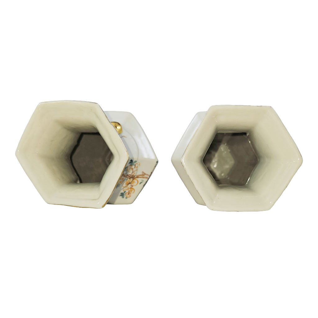 Vintage Chinese Hexagonal Porcelain Vases | Pair of Chinoiserie Bird & Blossom Baluster Vase x2