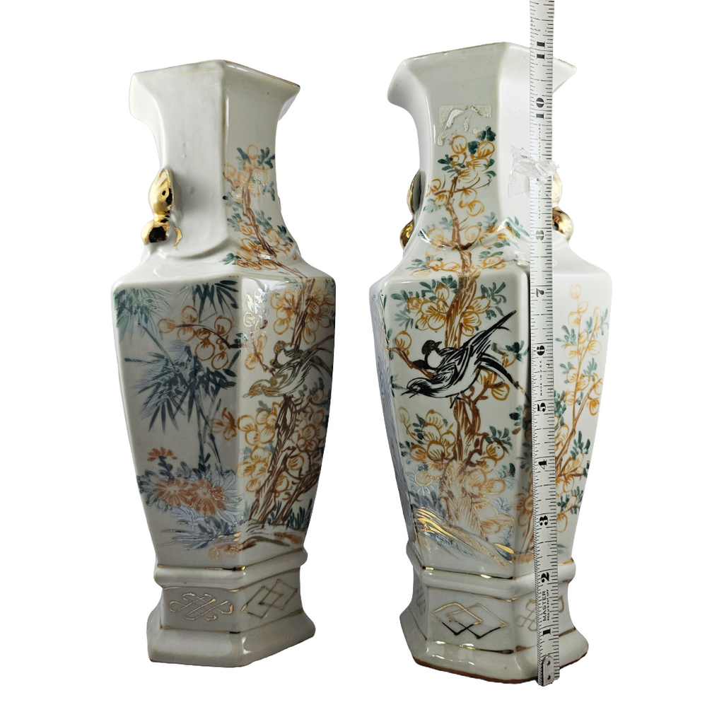 Vintage Chinese Hexagonal Porcelain Vases | Pair of Chinoiserie Bird & Blossom Baluster Vase x2