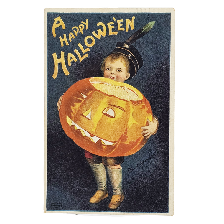 1910 Antique Ellen Clapsaddle Halloween Postcard - Boy with Giant Jack-O'-Lantern (Series No. 978)
