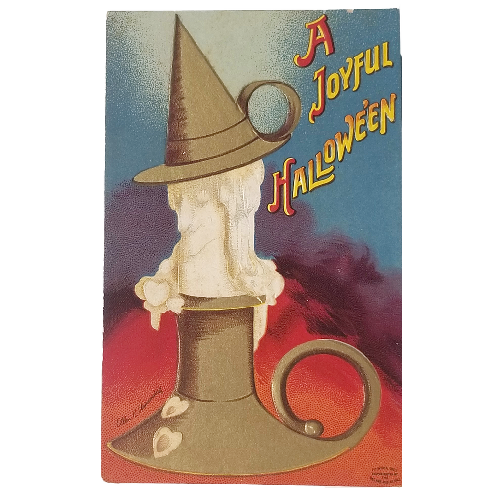 A vintage-style Halloween greeting card or print featuring a witch hat with a white candle inside, set against a blue and red background with the text 'A Joyful Halloween' in red and yellow lettering.
