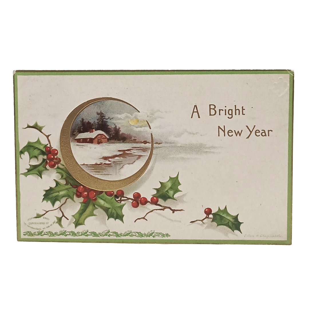New Year Postcard Clapsaddle House In Snowy Forest Mistletoe Border Green Embossed