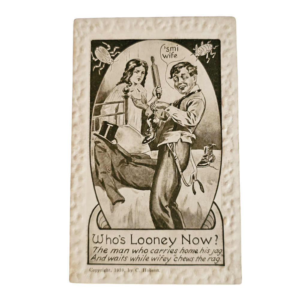 Comic Postcard "Who's Looney Now?" Artist C. Hobson Drunken Man Angry Wife