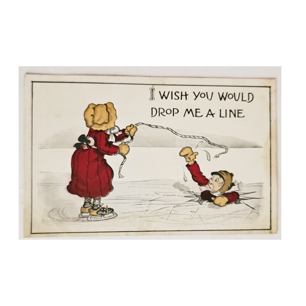 Comic Postcard Woman Saving Man on Ice "Drop Me a Line"