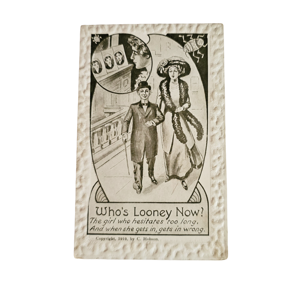 Romantic Comic Postcard "Who's Looney Now?" Artist C. Hobson Couple Strolling