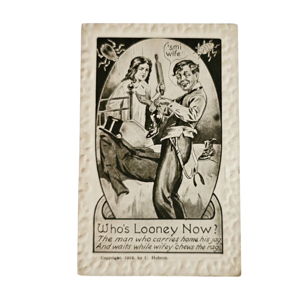 Comic Postcard "Who's Looney Now?" Artist C. Hobson Drunk Man Angry Wife