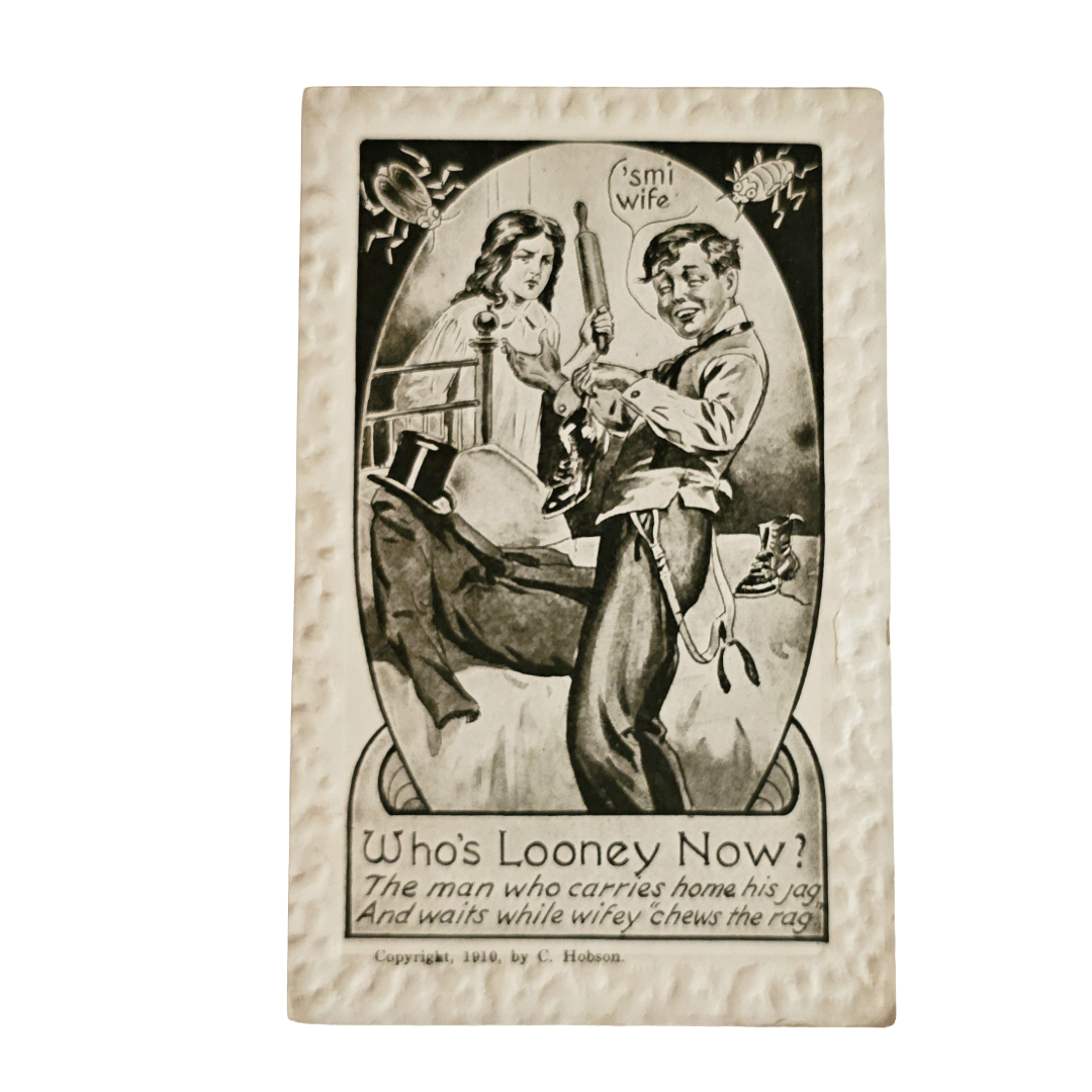 Comic Postcard "Who's Looney Now?" Artist C. Hobson Drunk Man Angry Wife