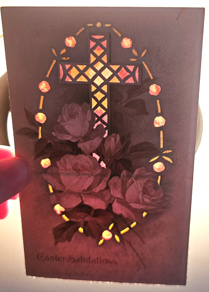 Easter Postcard Holy Cross HTL with White Roses Hold To Light Card