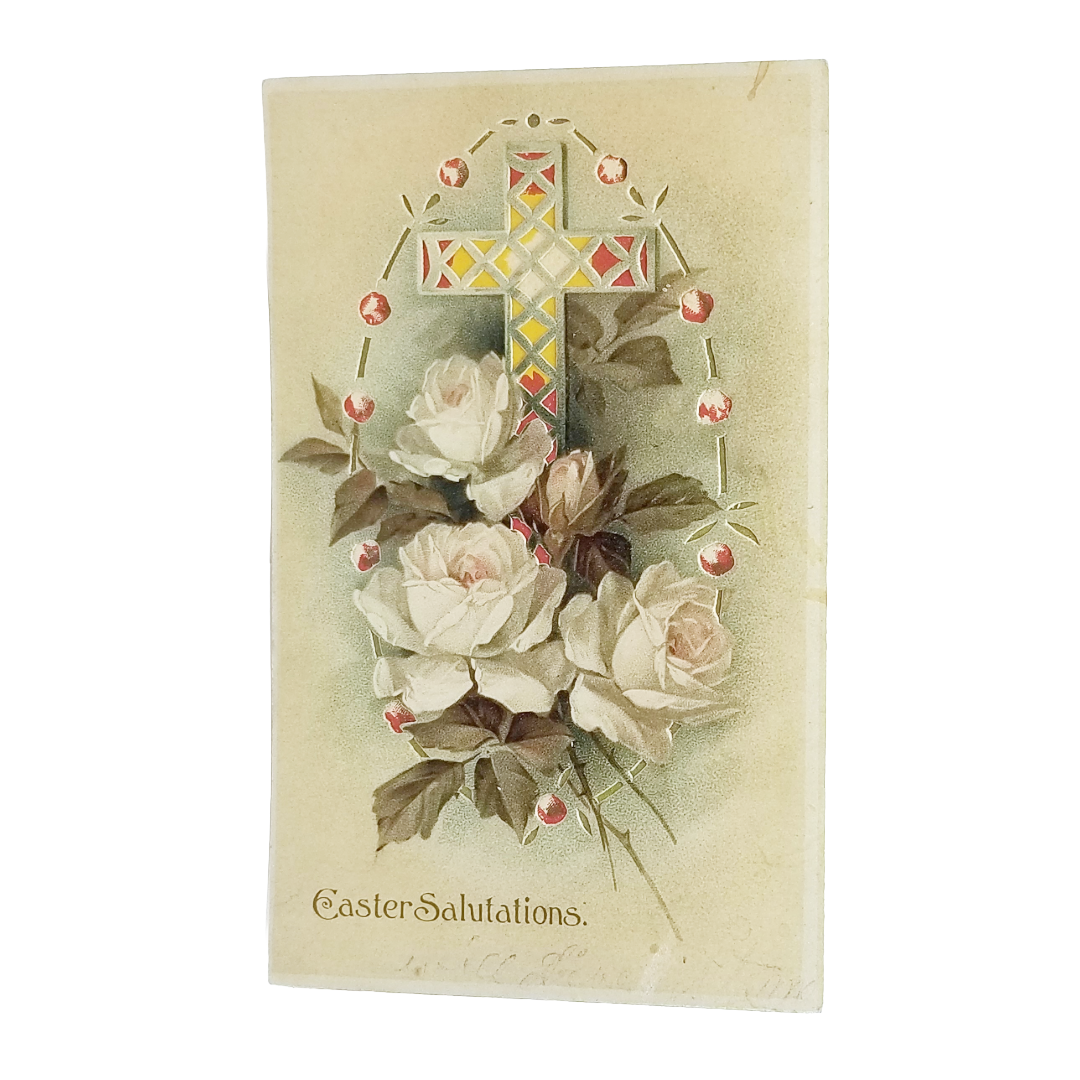 Easter Postcard Holy Cross HTL with White Roses Hold To Light Card