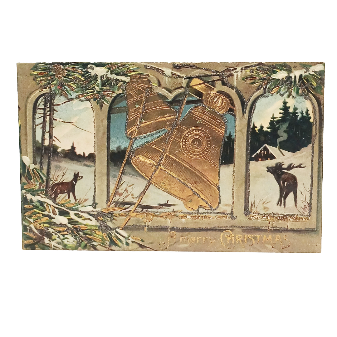 christmas postcard of deer in snow at night