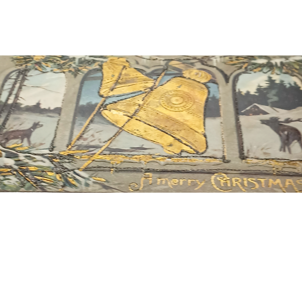 Antique Christmas Postcard | German Gold Embossed Deer in Winter