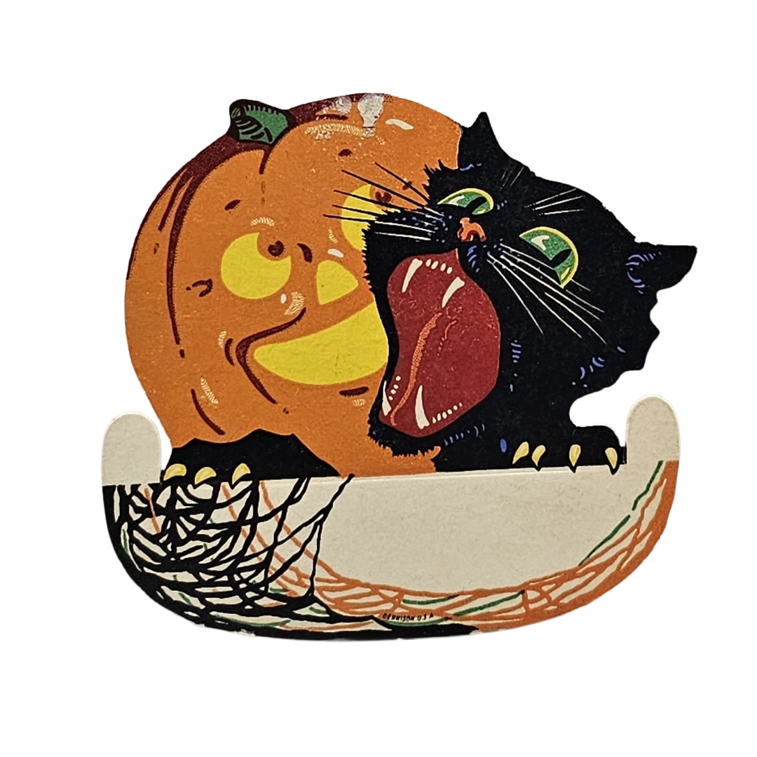 Halloween-themed decoration with a black cat and orange pumpkin on a white background