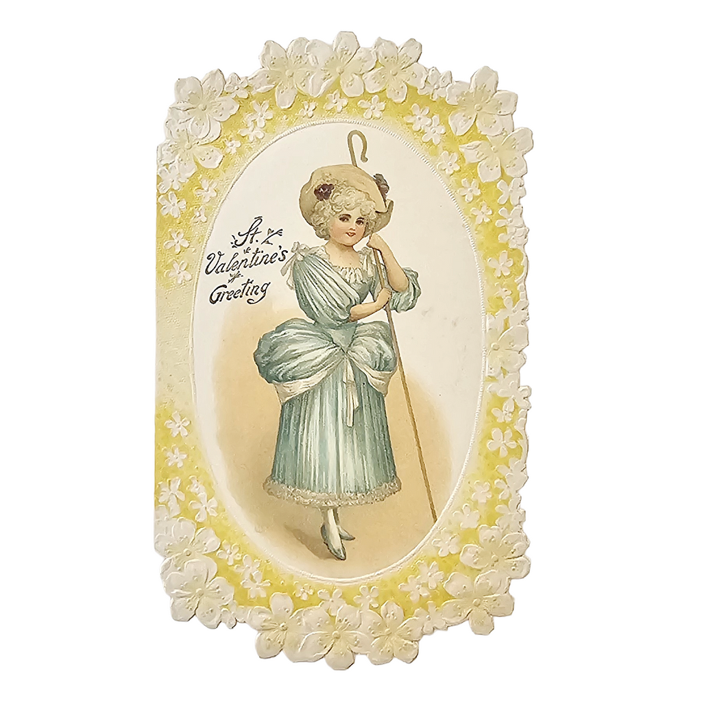 Antique German Heavy Die Cut Embossed Valentine's Card Bo Peep Girl  by Brundage