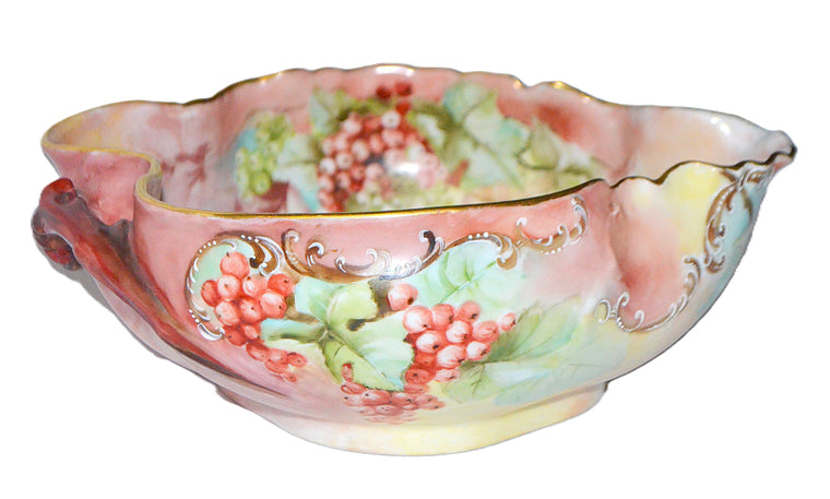 LIMOGES Porcelain Bowl Hand Painted Red Currants Branch Handle