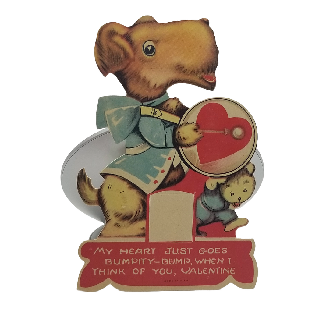 Vintage Valentine Die Cut Anthropomorphic Dog Playing Heart Drum