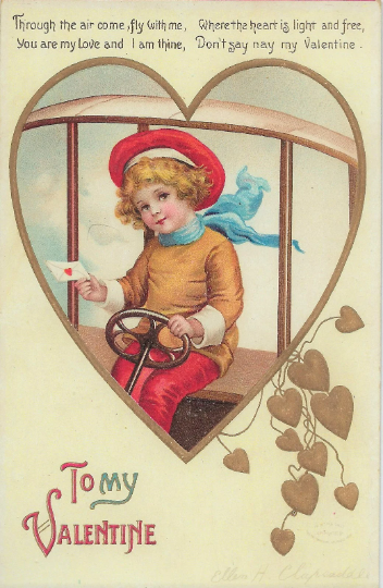 Valentine Postcard Artist Ellen Clapsaddle Child Flying Plane Embossed Gold Hearts Series 2737