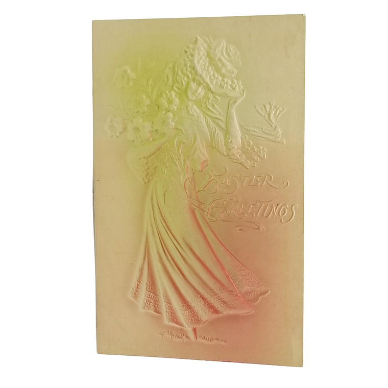 Easter Postcard Edwardian Woman in Bonnet Carrying Flower Basket Airbrush Style
