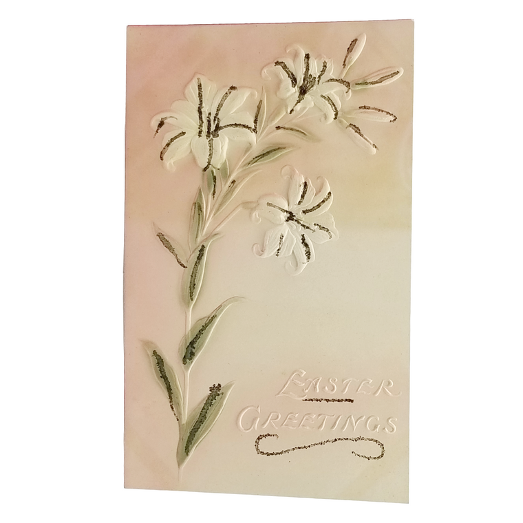 Easter Postcard White Lily Flower Applied Glitter Airbrush Style