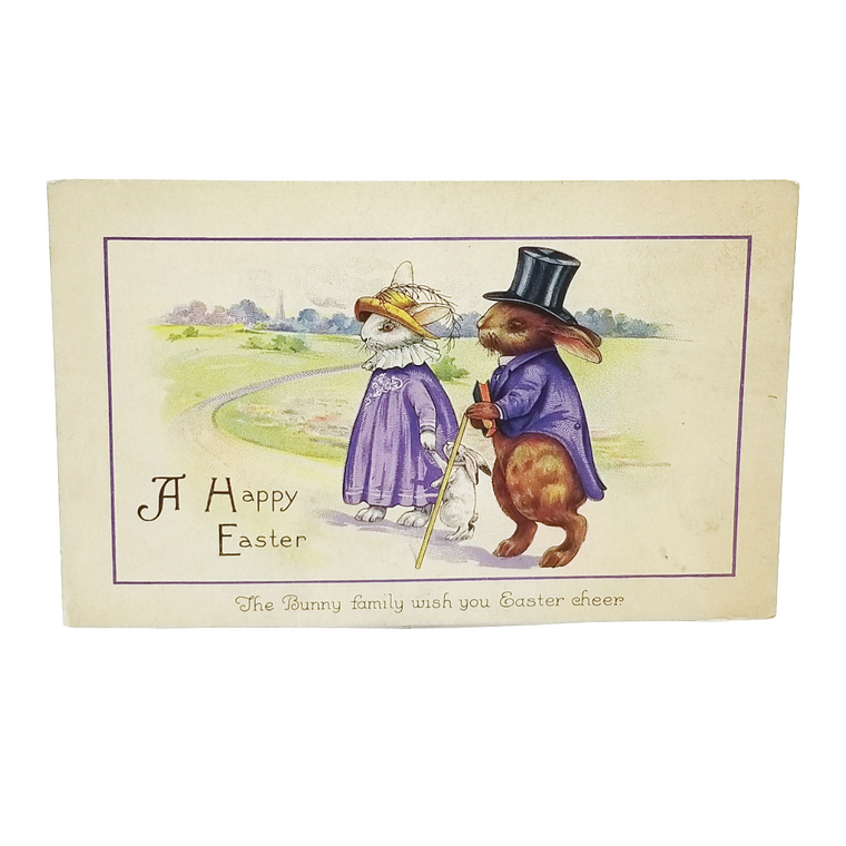 Easter Postcard Anthropomorphic Bunny Rabbits Dressed Up on Stroll Series 1414