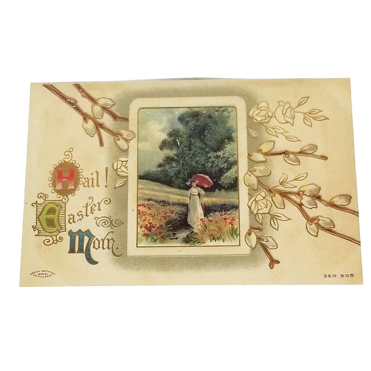 Easter Postcard Edwardian Woman Strolling in Field Pussy Willow Branches Border